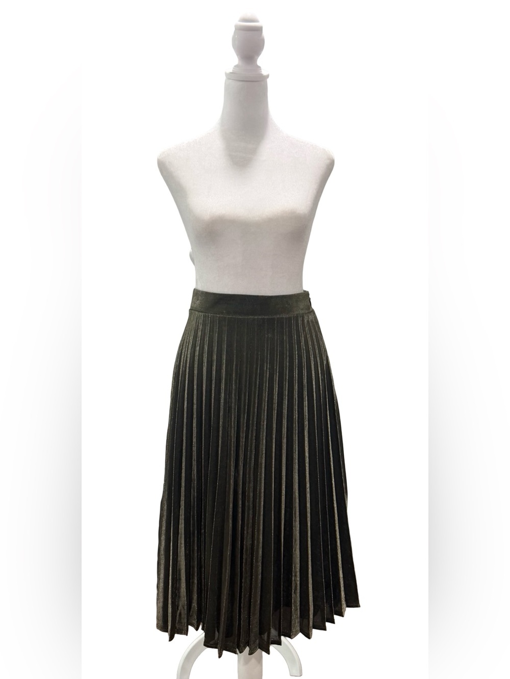 NWT Lulus Star Shine Olive Gold Metallic Pleated Midi Skirt Size Medium - Picture 6 of 12